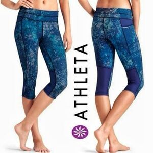 Athleta Splatter Be Free Knicker Legging Small Blue Green Workout